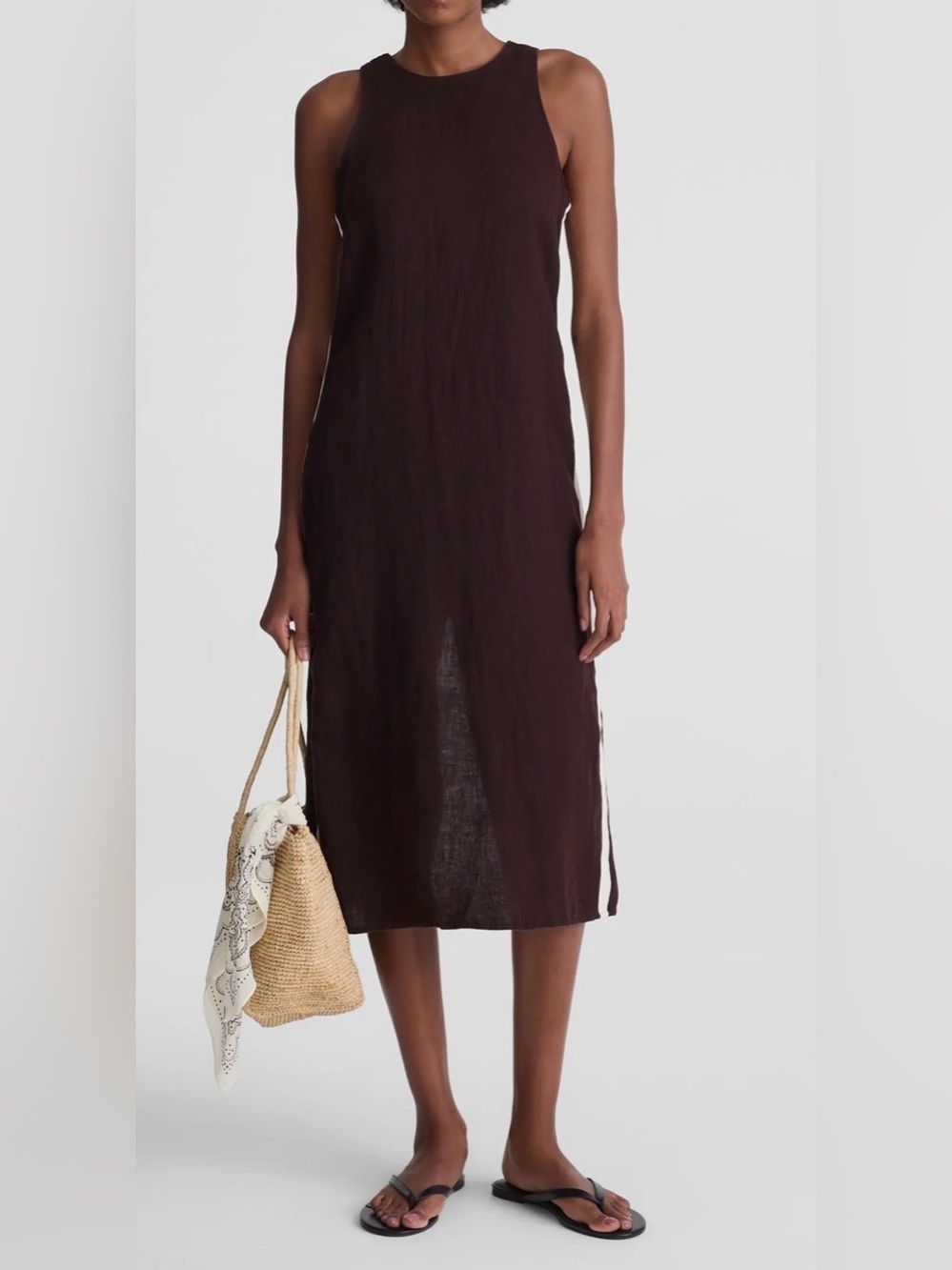 Madewell Elena Linen Sleeveless Midi Dress, Chocolate Brown, Side Cream Stripe,0